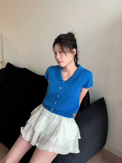 Bubble in the Blue~~~ Blue Dream~~ Whitening blue with white heart button top